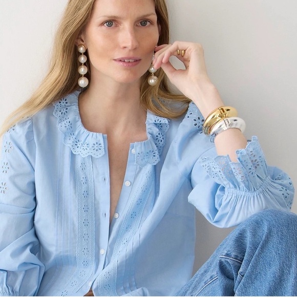 NWOT New J.Crew Eyelet Trim Button Up Shirt Frozen Lake Color L - Picture 3 of 10
